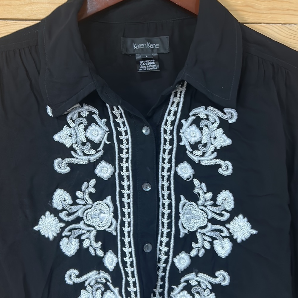 LAST CALL Karen Kane sheer henley button LS black crepe blouse top shirt LG - Picture 11 of 12